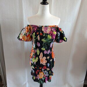 H&M Floral Smocked Off the Shoulder Dress Puff Sleeve Size Small Tropical Resort